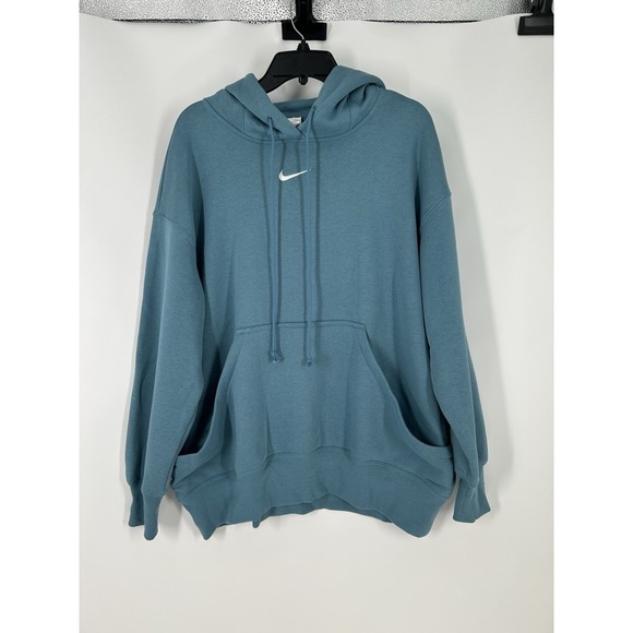 Nike Center Swoosh Oversized Hoodie Sweatshirt Vintage Y2K Blue Fleece Large - Picture 1 of 5